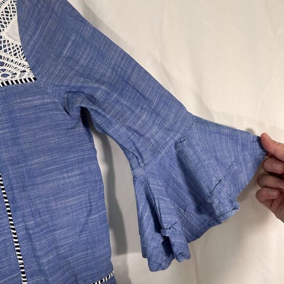 Loft Blouse Women's Small Blue White Crochet 3/4 Bell Sleeve Round Neck Cotton - Picture 6 of 11